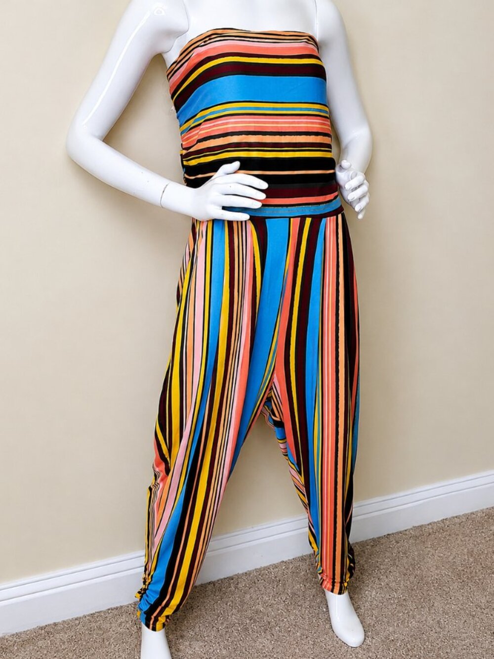Full Circle Trends Plus Size Multicolor Striped Strapless Halter Jumpsuit SZ 3X